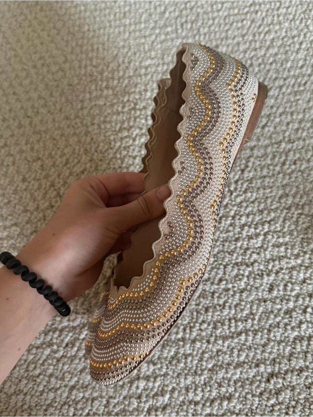 Chloe Beige Suede Studded Scalloped Lauren Ballet Flats